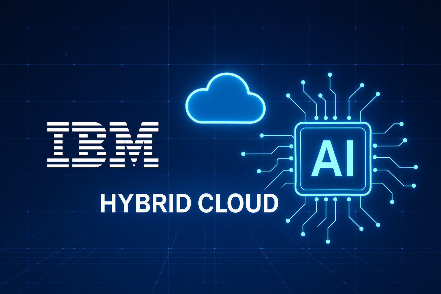 IBM의 하이브리드 클라우드와 AI를 상징하는 기술적 느낌의 가로형 이미지. AI 생성